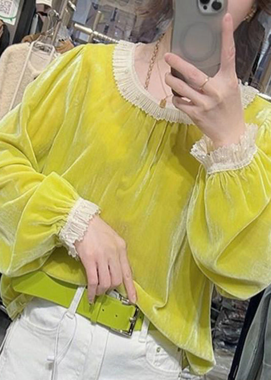 Yellow Ruffled Nail Bead Silk Velour Shirt Fall