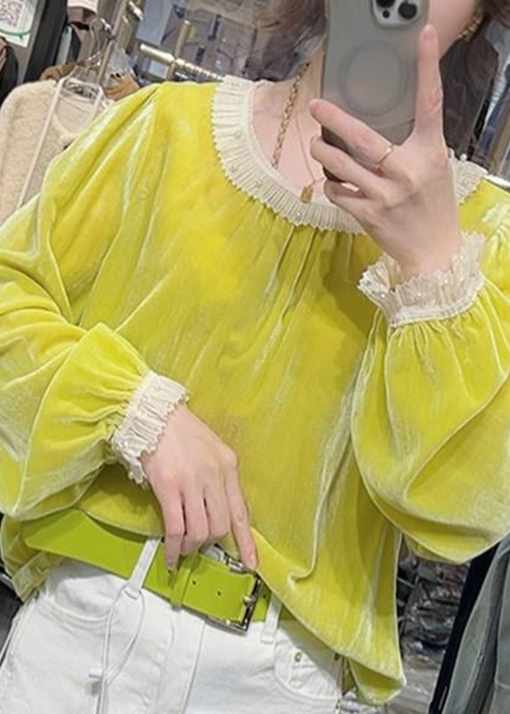 Yellow Ruffled Nail Bead Silk Velour Shirt Fall