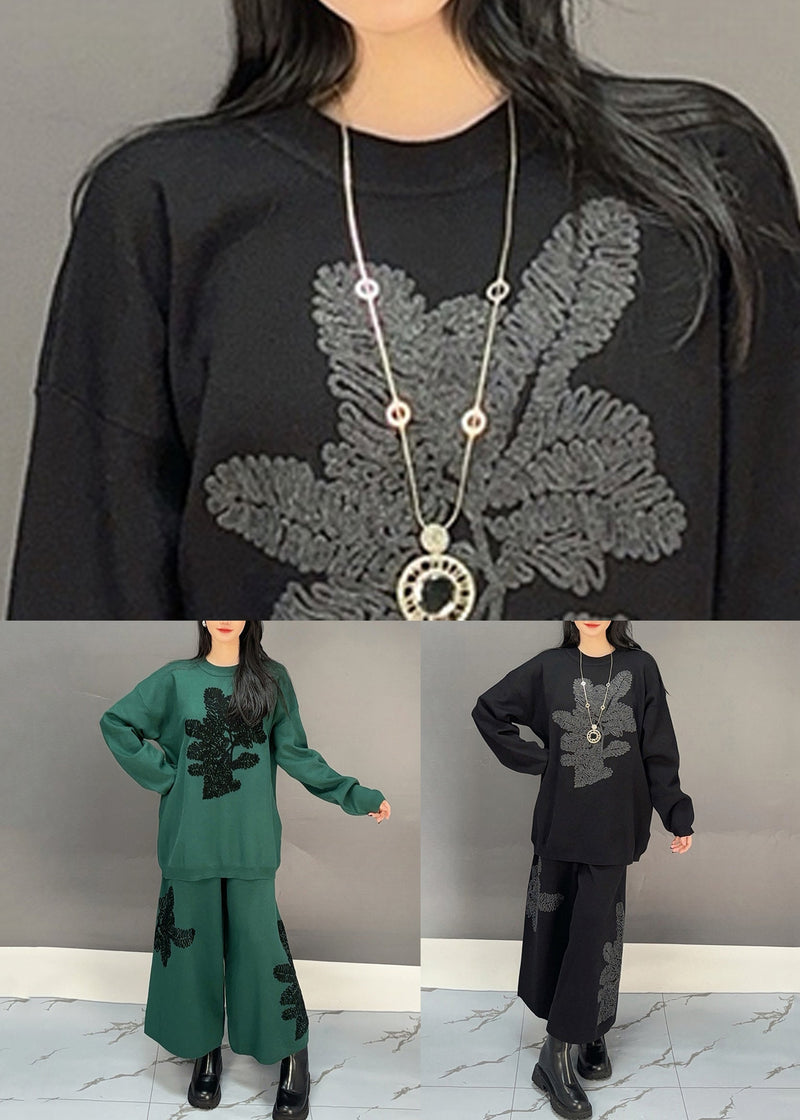 Simple Black O Neck Embroidered Cotton Two Piece Set Fall