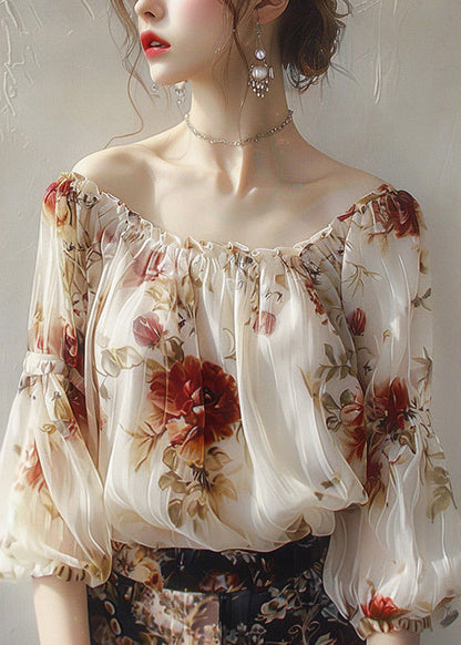 Apricot Slash Neck Print Chiffon Top Half Sleeve