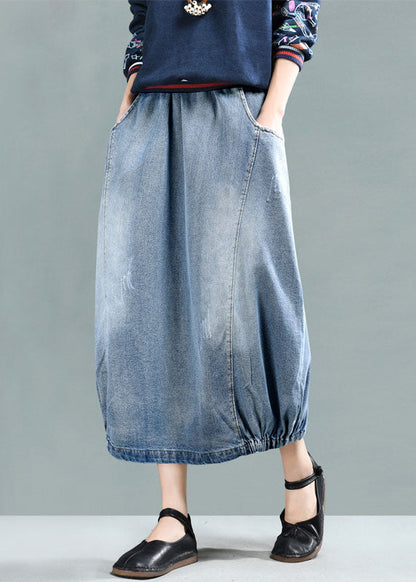Light Blue Elastic Waist Patchwork Cotton Denim Skirt Spring