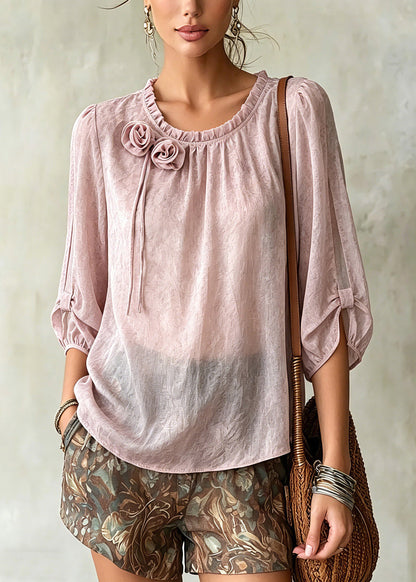 Pink Ruffled Patchwork Chiffon Tops Summer