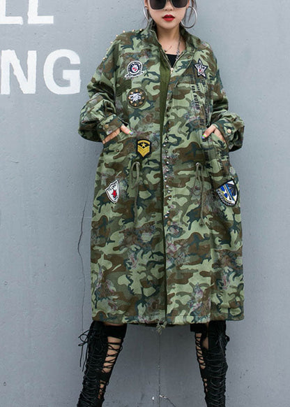 Camouflage Rivet Print Pockets Fall Denim Long Sleeve Trench Coats Coat