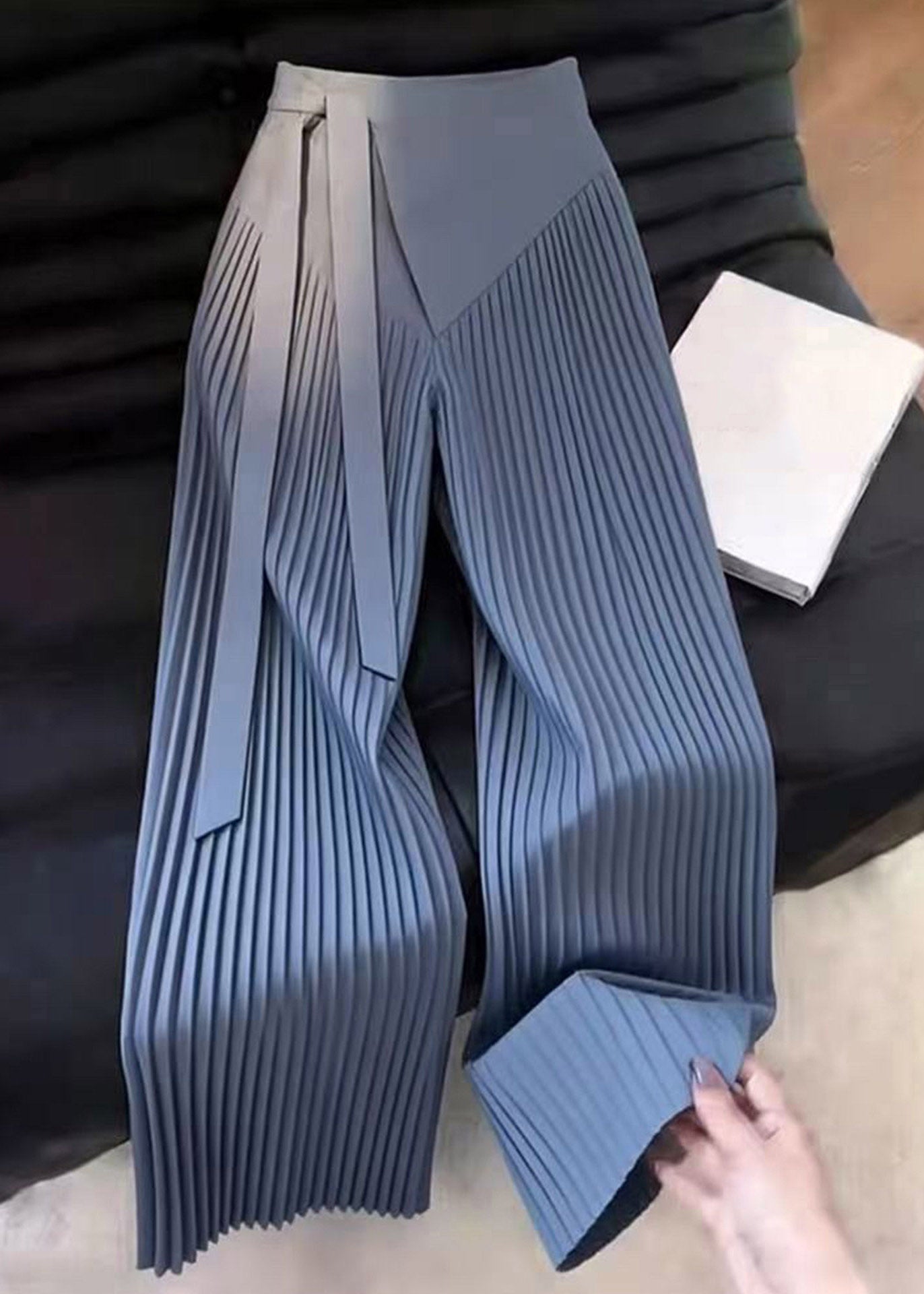 Original Design Asymmetrical Wrinkled Patchwork Tie Waist Wide Leg Pants