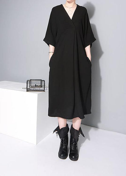 Handmade Black V Neck Tie Waist Summer Dress