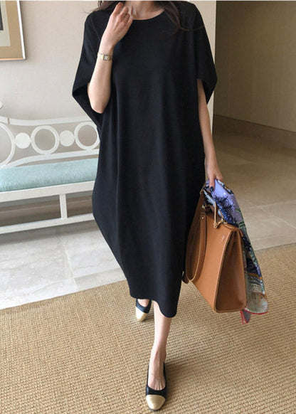 Black O-neck Linen Long Dress Batwing Sleeve
