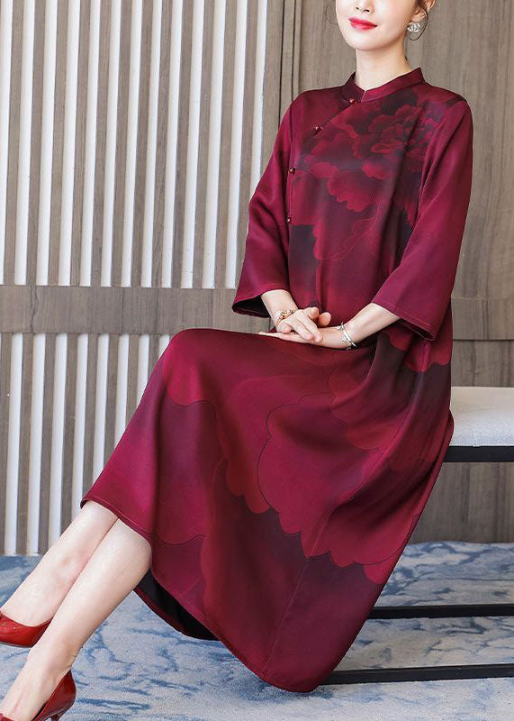 Red Stand Collar Print Silk Robe Dresses Bracelet Sleeve Spring