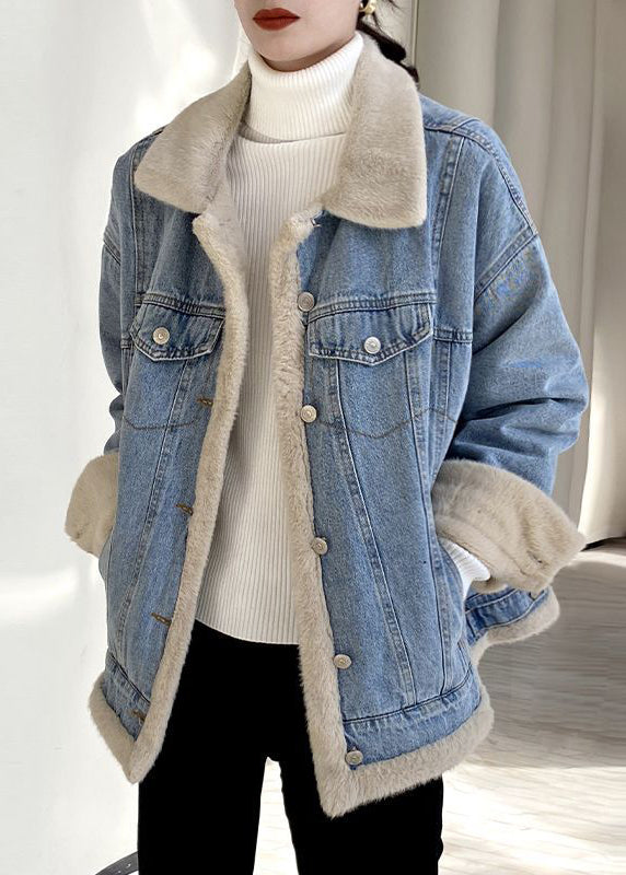 Light Blue Peter Pan Collar Pockets Warm Fleece Denim Coats Long Sleeve