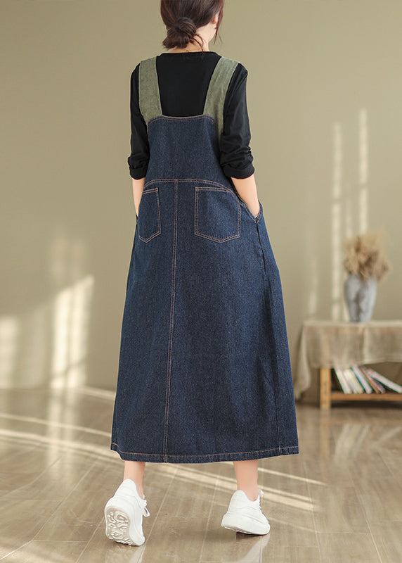 Navy Button Wrinkled Denim Long Dress Sleeveless