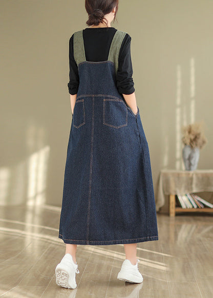 Navy Button Wrinkled Denim Long Dress Sleeveless
