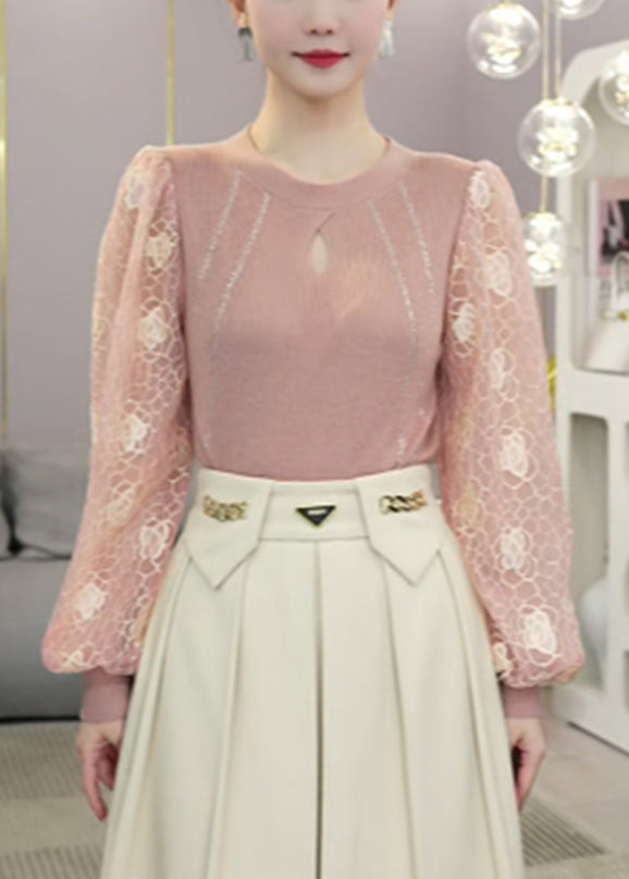 Pink Hollow Out Patchwork Knit Fake Two Piece Shirt Top Fall