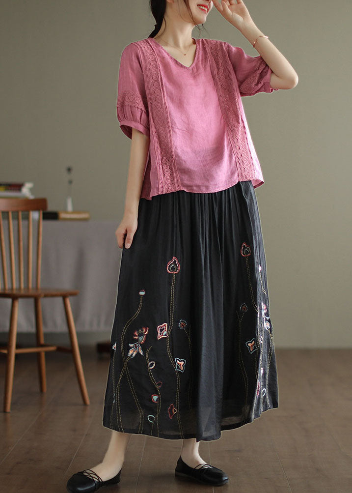Black Elastic Waist Embroideried Linen Silk Skirt Spring