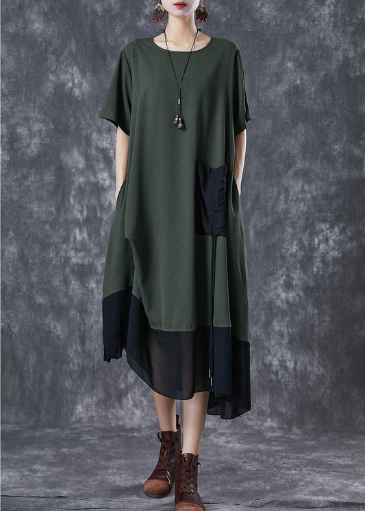 Army Green Cinched Patchwork Chiffon Maxi Dresses Summer