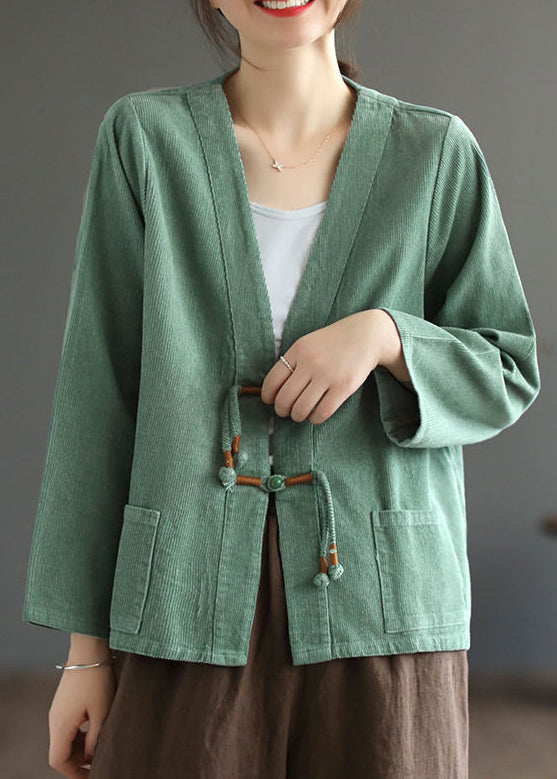 Green Tasseled Pockets Patchwork Corduroy Coat Fall