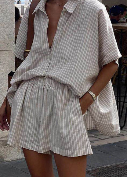 Loose Khaki Peter Pan Collar Striped Shirts and Shorts Two Pieces Set Short Sleeve