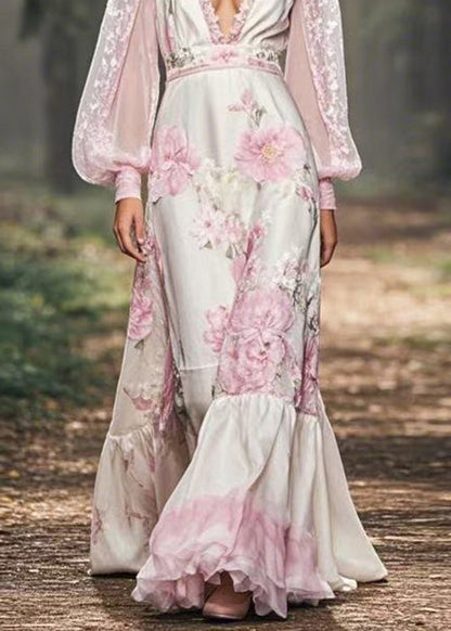 V Neck Print Patchwork Chiffon Maxi Dresses Fall