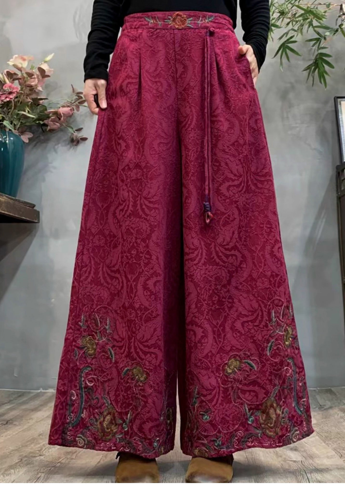 Style Mulberry Embroidered Jacquard Warm Fleece Pants Winter