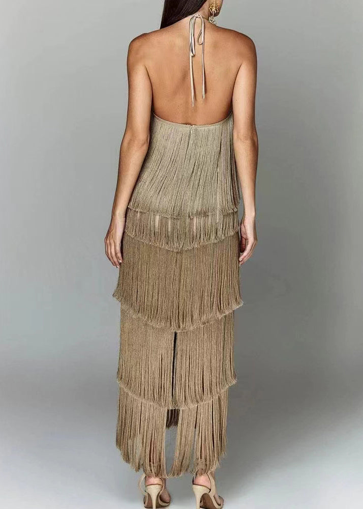 White Backless Tasseled Halter Dress Summer
