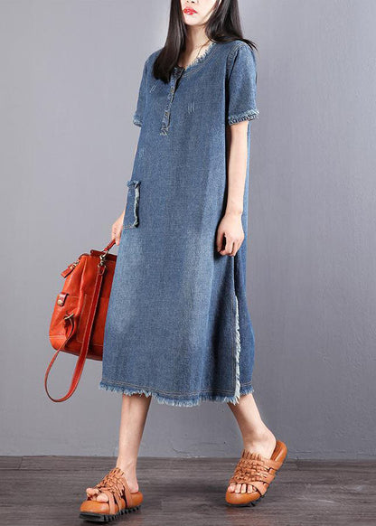 Blue Pockets Button Fall Denim Short Sleeve Party Dress