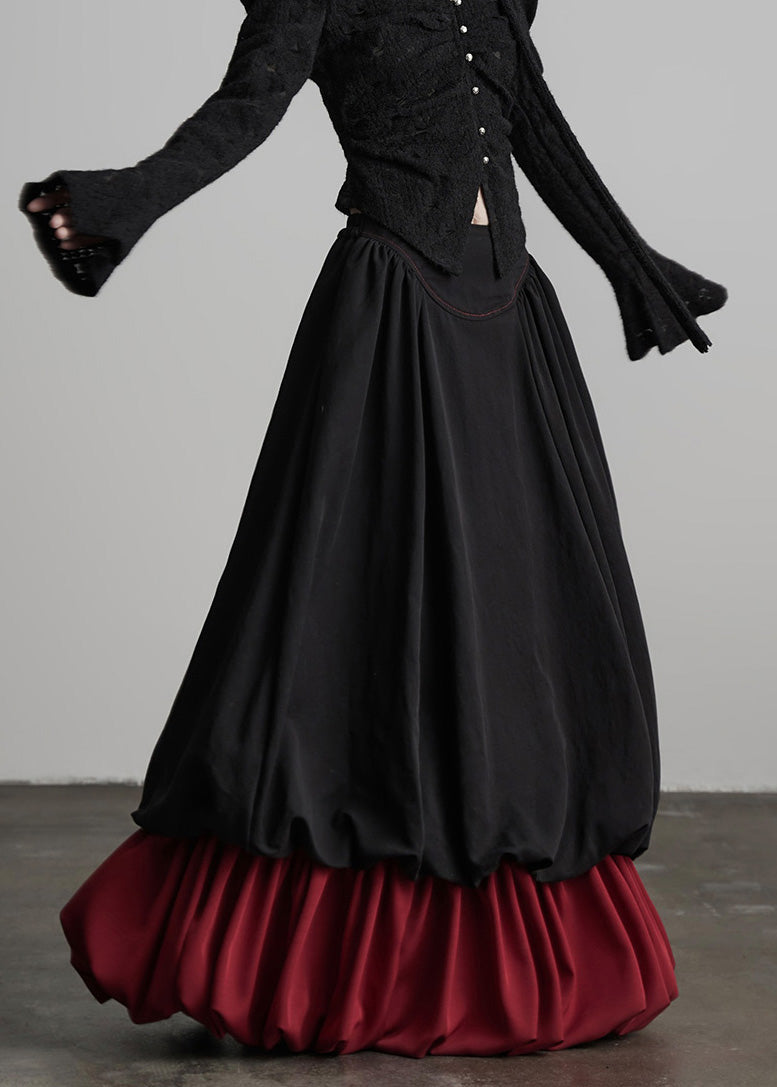 Black Wrinkled Patchwork False Two Pieces Cotton Skirts Fall