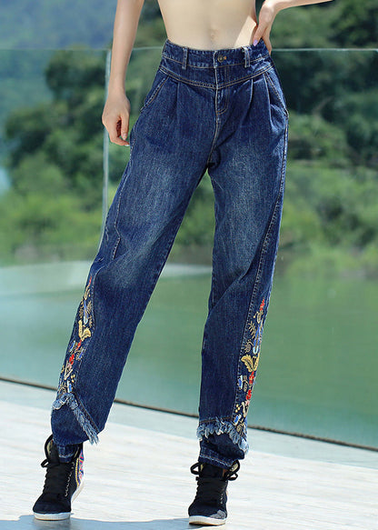 Retro Denim Blue Button Embroideried Straight Pants Spring