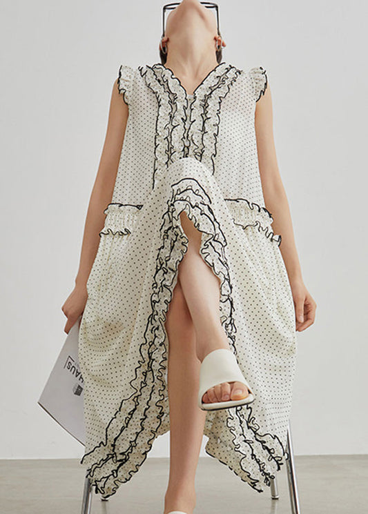 Brief Beige Dot Ruffled Patchwork Maxi Dresses Summer