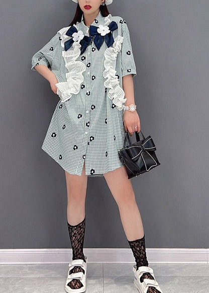 Plaid Peter Pan Collar Button Lace Patchwork Shirt Half Sleeve