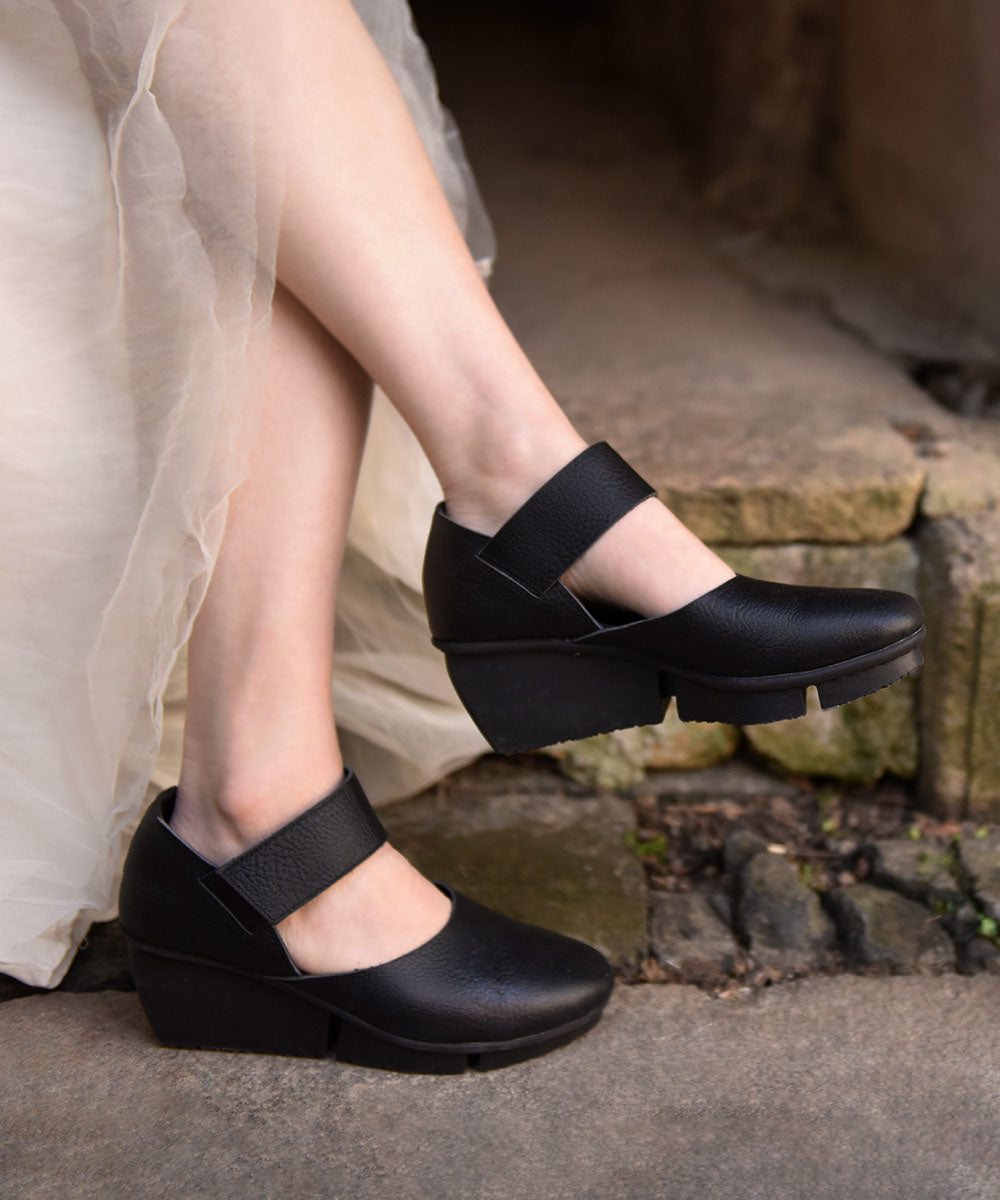 Coffee Cowhide Leather Buckle Strap Splicing Wedge Heels Sandals