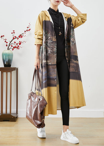 Yellow Hooded Print Cotton Trench Coats Fall
