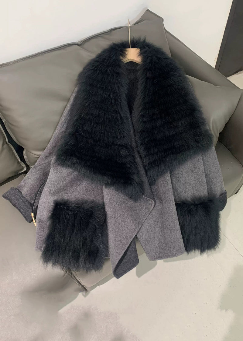 Stylish Black Fur Collar Patchwork Leather and Fur Coats Winter