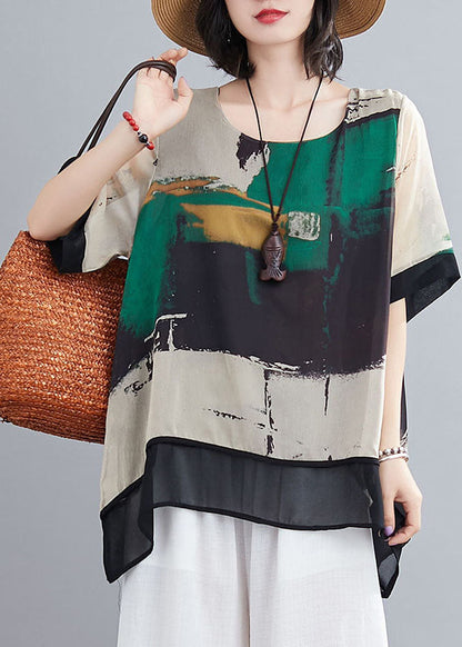 Green Asymmetrical Design Print Chiffon Tank Tops Short Sleeve