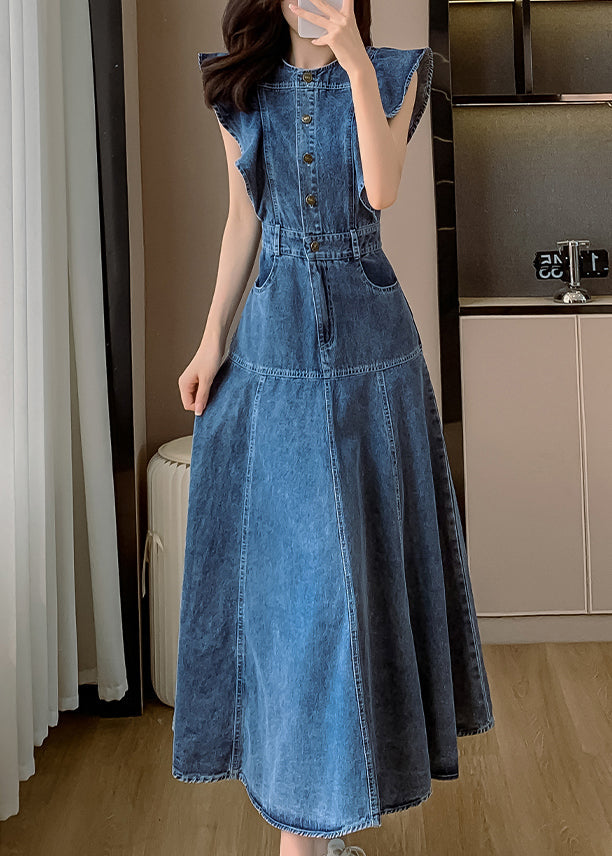 Blue O Neck Patchwork Denim Long Dress Butterfly Sleeve