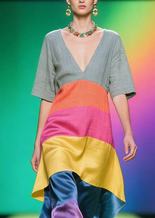 Colorblock V Neck Patchwork Linen Silk Dress Summer