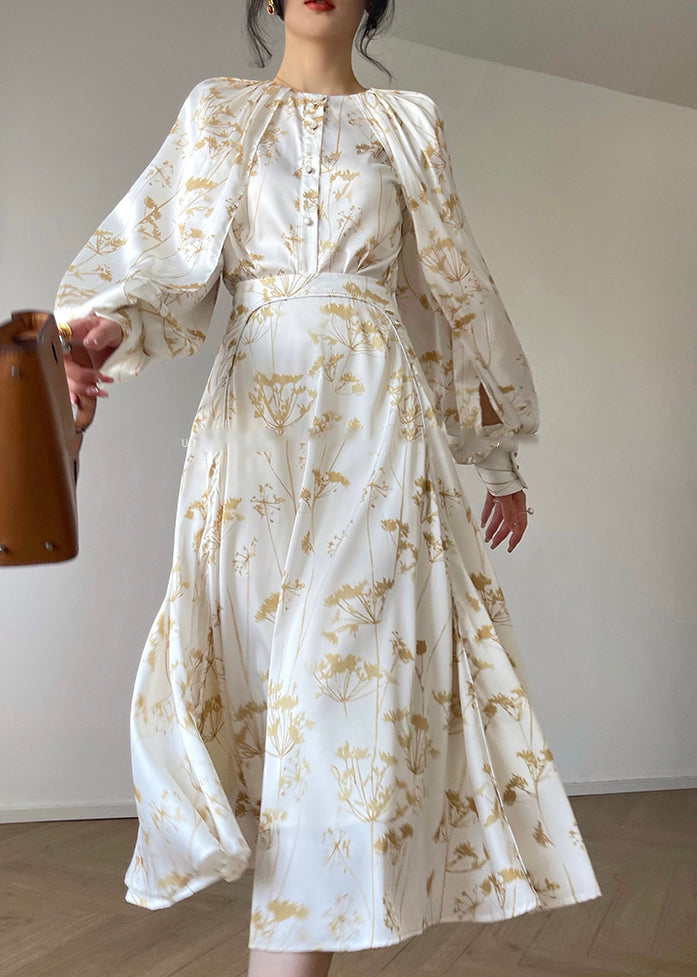 Classy White O-neck Print Silk Top and Skirts Two Pieces Set Fall