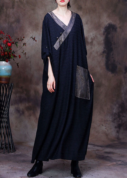 Black Patchwork Pocket Wrinkled Oriental Button Silk Dress Long Sleeve