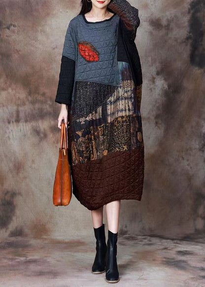Blue Asymmetrical Patchwork Cotton Filled Long Dress Spring