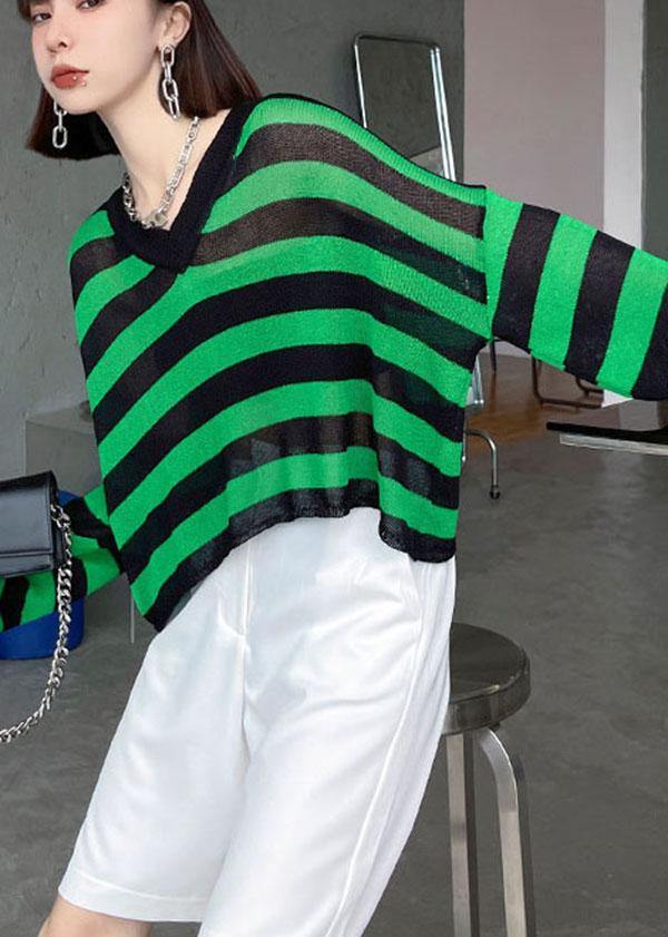 Green Striped V Neckknit Fabric Shirt Summer