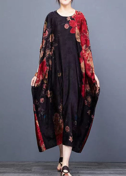 Black O-neck Print Chiffon Vacation Dresses Batwing Sleeve