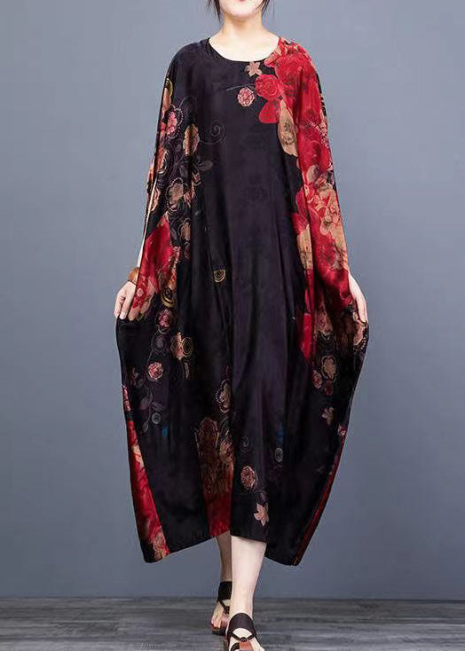 Black O-neck Print Chiffon Vacation Dresses Batwing Sleeve