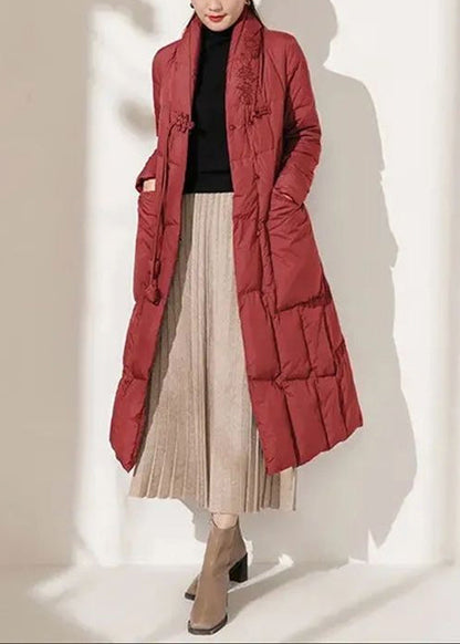 Red Button Pockets Patchwork Duck Down Coat Winter