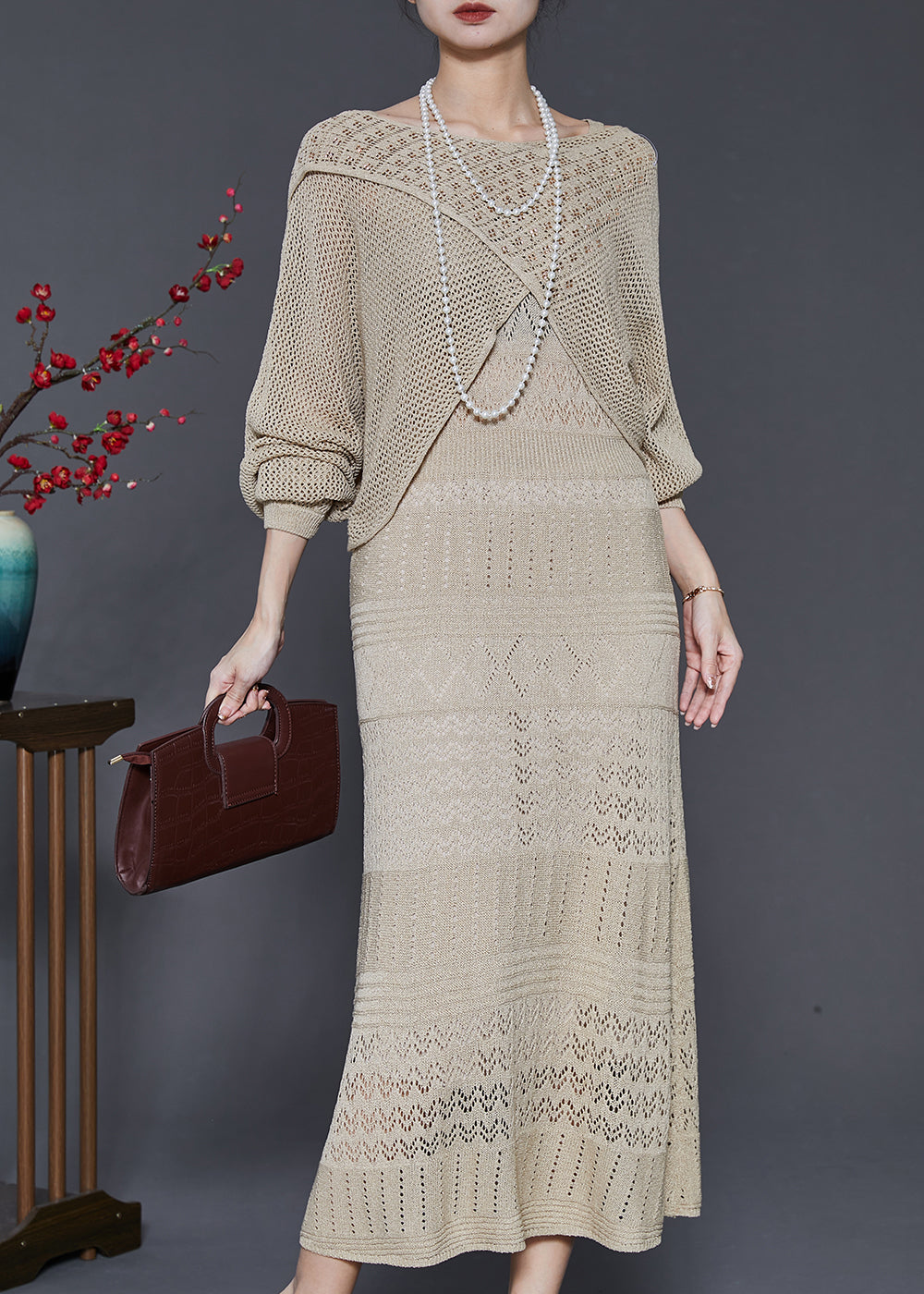 Khaki Hollow Out Knit Dress Two-piece Set Spring