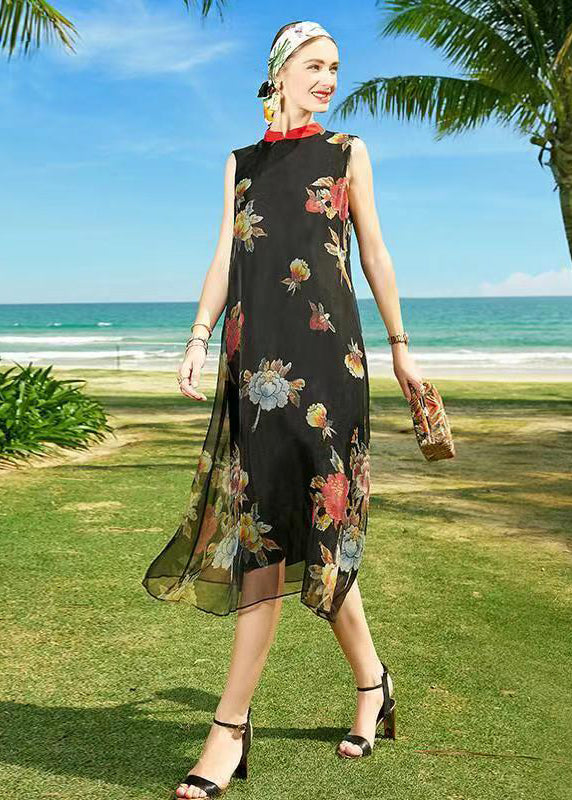 Black Stand Collar Patchwork Holiday Silk Two Pieces Set Summer