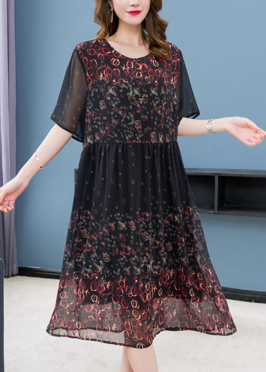 Black O Neck Print Wrinkled Patchwork Chiffon Dress Summer
