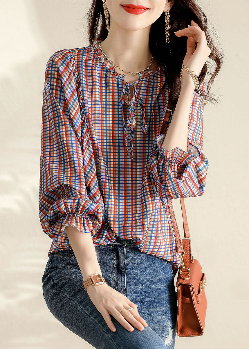 Ruffled Plaid Blouse Tops Spring