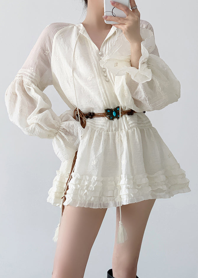 Beige Ruffled Lace Up Cotton Mini Dress Fall