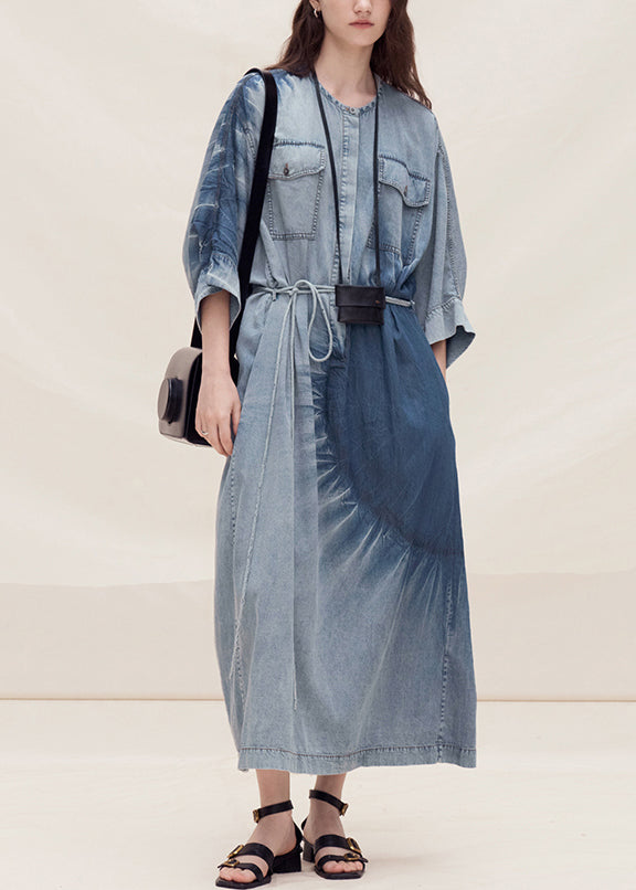 Blue O Neck Tie Dye Denim Dress Summer