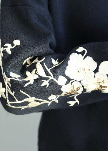 Diy Navy O-neck Sequins Embroideried Fall Knit Sweaters