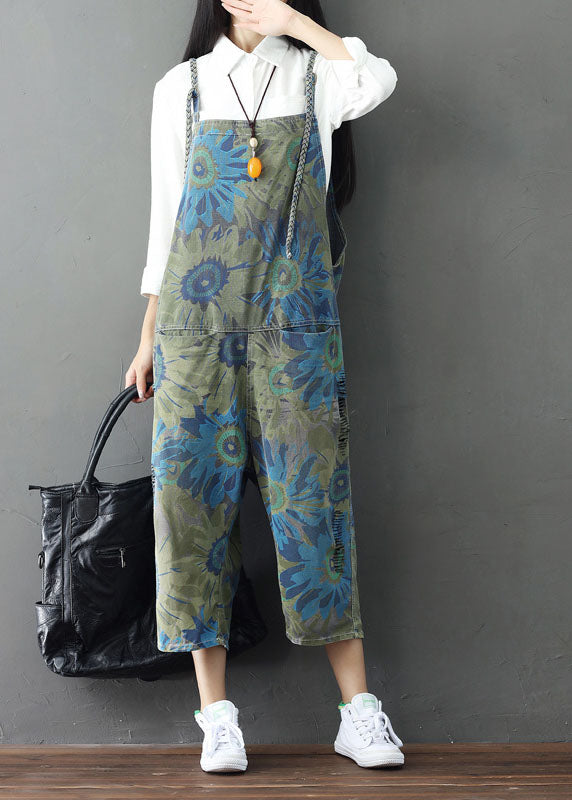 Green Print Cotton Denim Jumpsuit Ripped Jeans Spring