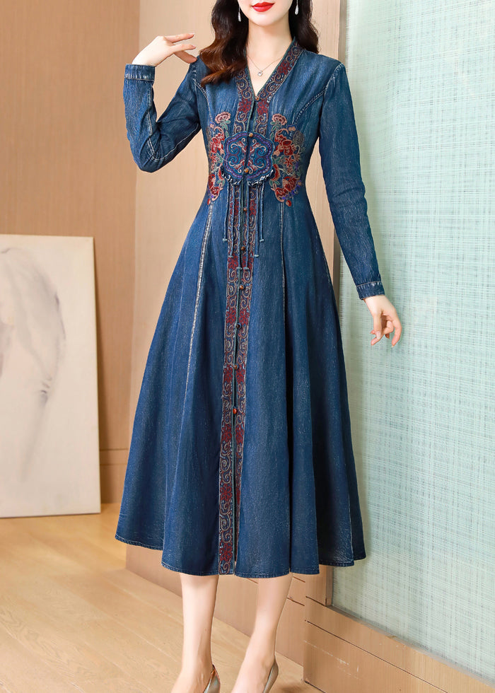 Blue V Neck Embroideried Patchwork Denim Dresses Spring