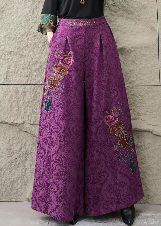 Purple Embroidered Pockets Cotton Pants Trousers Fall